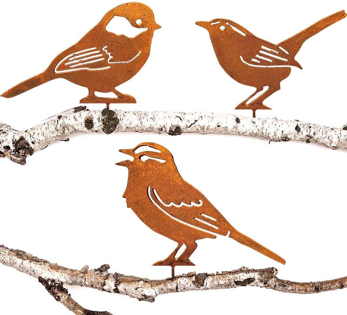 carmdering - Metaal Vogel Silhouet - Tuin Vogel Decoratie - Buiten Wandkunst - Natuurlijke Roestpatina Afwerking - Fijn Uitgesneden Veerdetailering - Gerecycled Staal - Authentieke Retro Uitstraling - Veelzijdige Montage Opties - 3 Stuks
