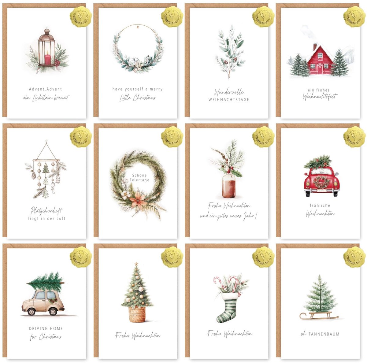 Dailygoods- Kerstkaarten set 12 stuks - A6 wenskaarten met enveloppen - Lege binnenpagina's - Handgetekende aquarelpatronen - Inclusief stickers