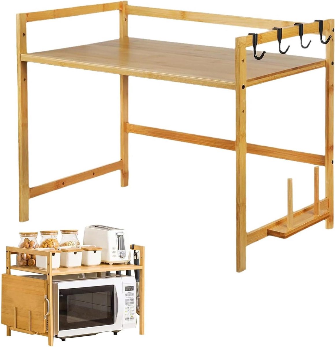 Magnetronrek met Haken - Keuken Organizer - Keuken Opbergen - Verstelbare Plank - 2 Lagen - Natuurlijk Bamboe