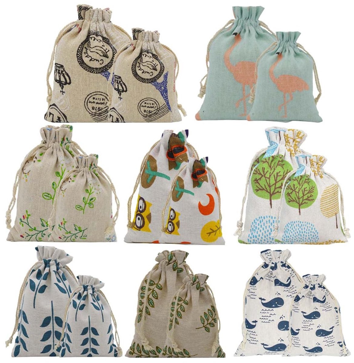 Dailygoods- Jute Zakjes 16 Stuks - Kleine Zakjes met Trekkoord - Natuurlijke Opbergtassen - Duurzaam Linnen - 8 Stijlen - Geschikt voor Cadeaus - Opbergtas