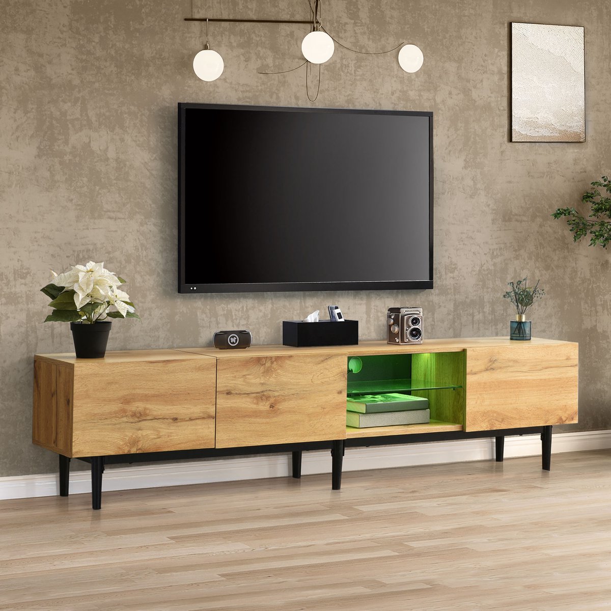 Zubaliya TV-Meubel Met LED-Verlichting - Modern TV Dressoir Met Houtnerf Afwerking, Opbergruimte En App-Bediening - Licht Eiken MDF 175x31x41 cm