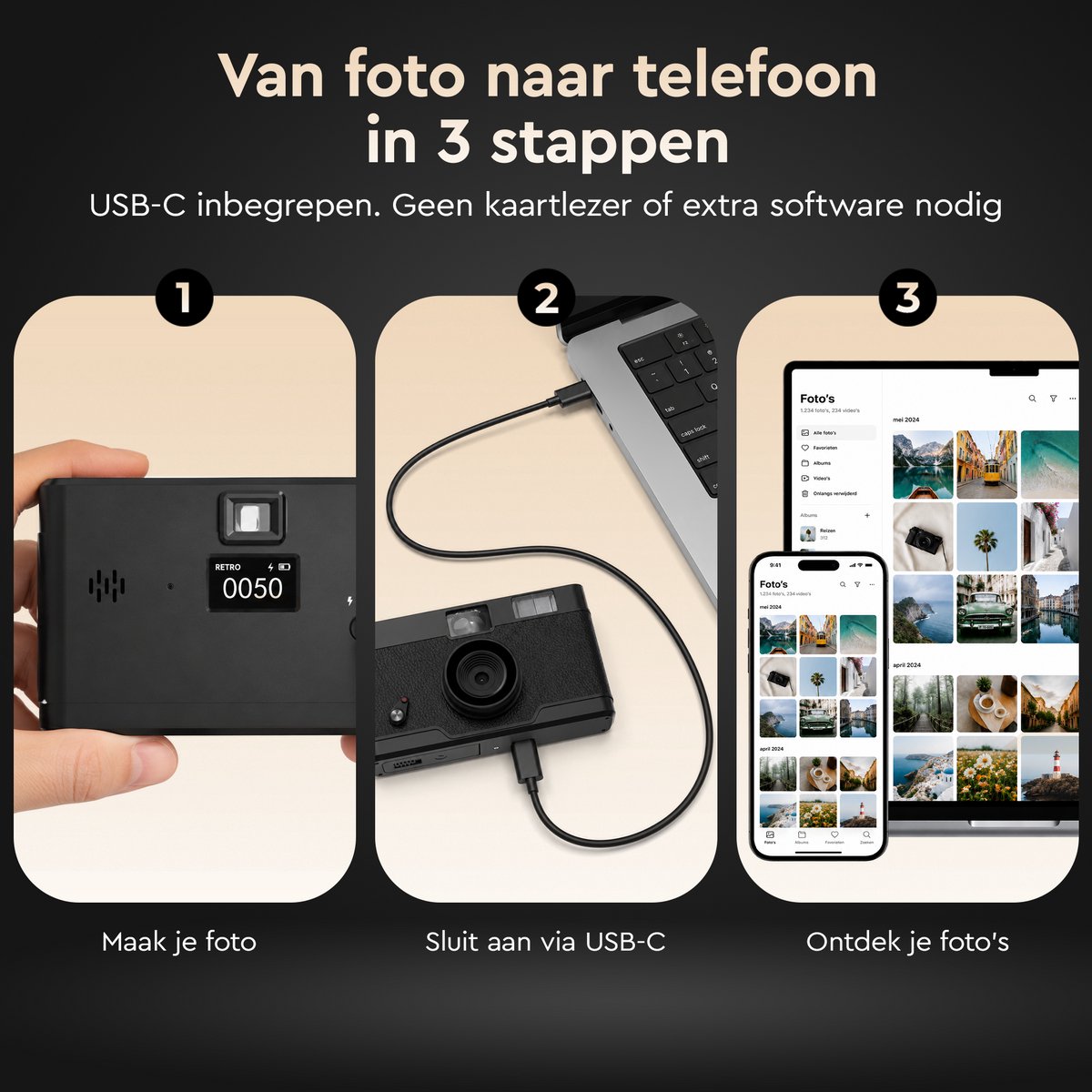 K&L Retro Camera Pro 13MP - Schermvrij & Oplaadbaar thumbnail 5
