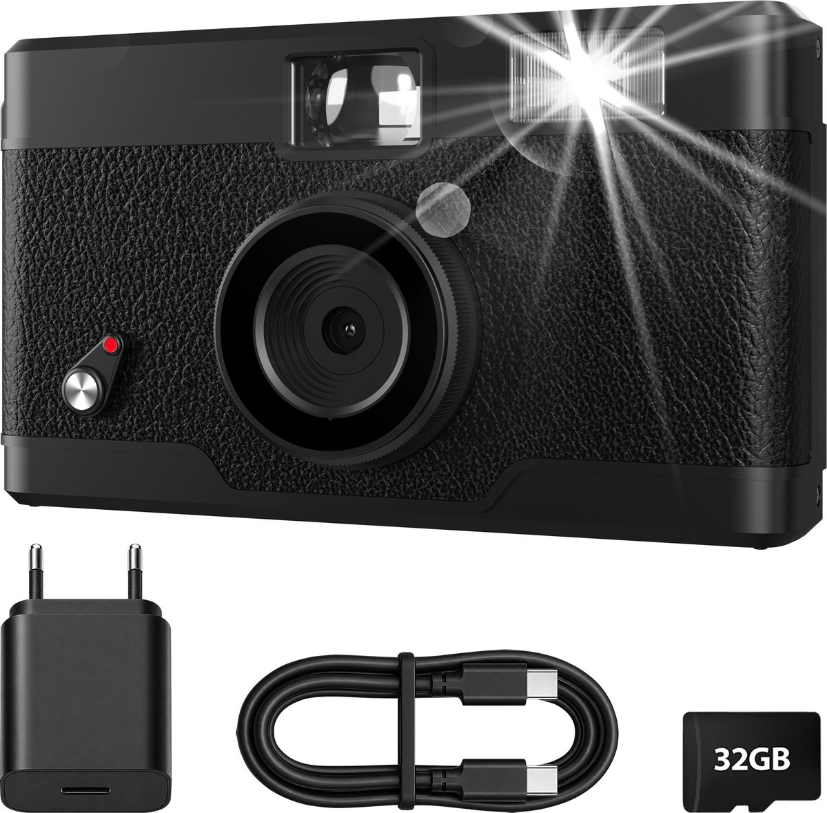K&L Digitale Retro Camera Pro 13MP- Schermvrij - Oplaadbaar - 16.000 Foto's - Fotocamera - Vintage - Inclusief 32GB - Duurzaam - Zwart