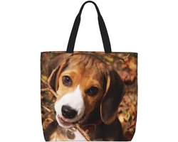 LAMAME Leuke Puppy Hond In Spring Park Gedrukt Schoudertas Leisure Tote Bag Grote Capaciteit Boodschappentas Handheld Opbergtas