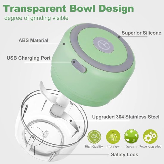 Vleesmolen electrisch - Knoflook hakker - Multihakker - TENZHVXI® - Compact - USB oplaadbare - 100 ml - Groen van TENZHVXI — afbeelding 2