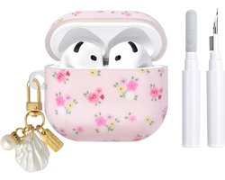 Hoesje voor AirPods 3 met Reinigingsset, Schattig Bloemendesign met Elegante Bloemen, Zachte TPU Beschermhoes voor Meisjes en Vrouwen, Compatibel met AirPods 3e Generatie – Roze