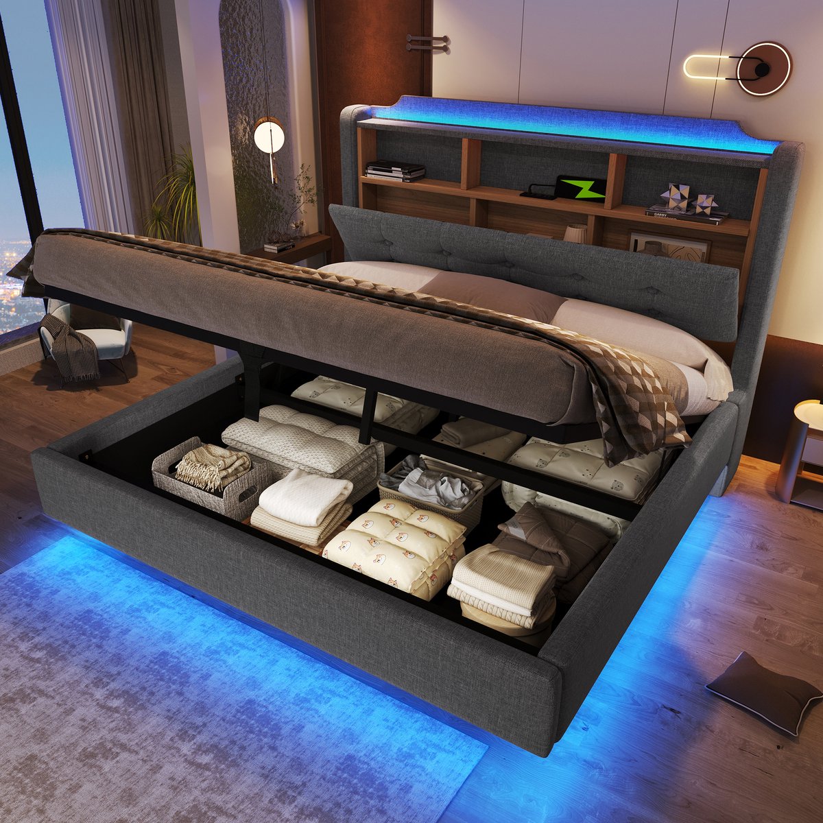 Merax Gestoffeerd bed 140x200 cm - met LED-verlichting - opbergruimte - zwevend ontwerp - USB- en Type-C-poorten - grijs - zonder matras