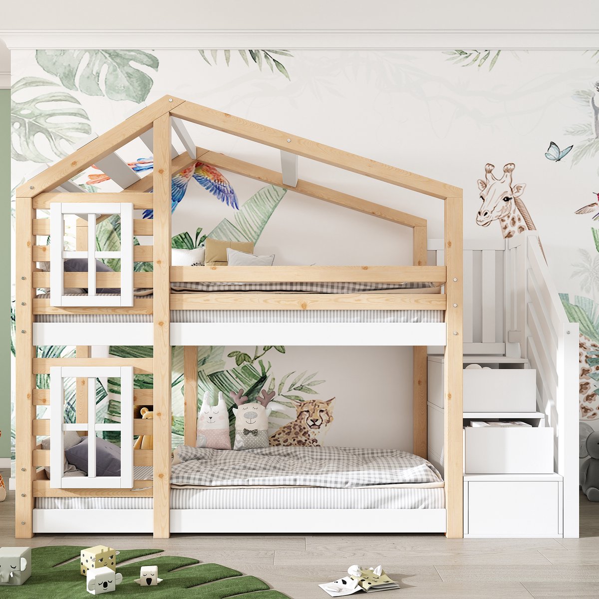 Merax Kinderbed - boomhut 90 x 200 cm - hoogslaper - raamstructuur met opbergruimte en valbeveiliging - houtkleur en wit - zonder matras