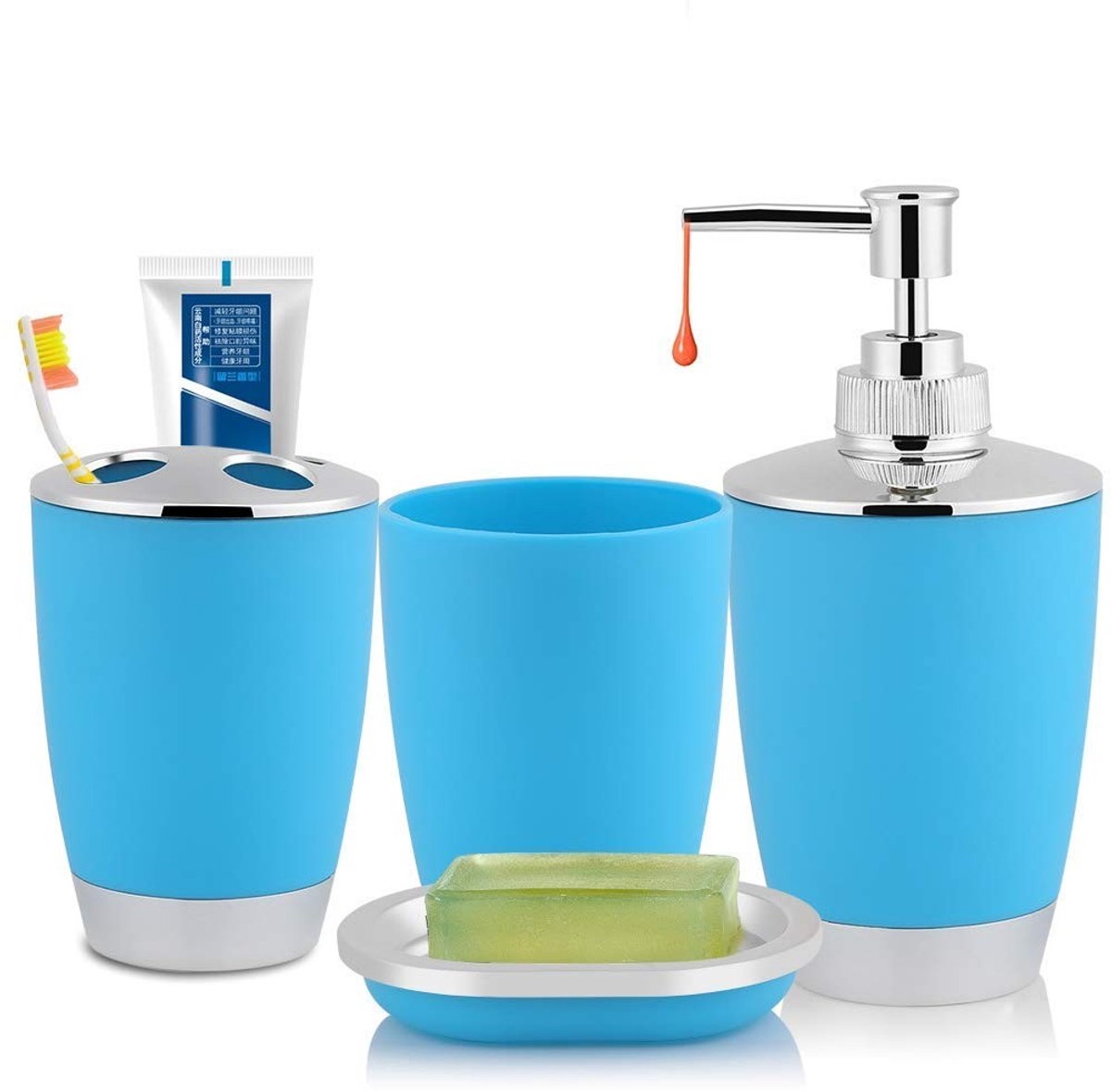 Dailygoods- Badkameraccessoireset 4-delig - Tandenborstelhouder - Zeepdispenser - Zeepbakje - Tandenborstelbeker - PP-kunststof zwart/blauw - Badkameraccessoires