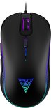 Zwarte gamingmuis met logo en RGB-verlichting langs de randen en op het scrollwiel.