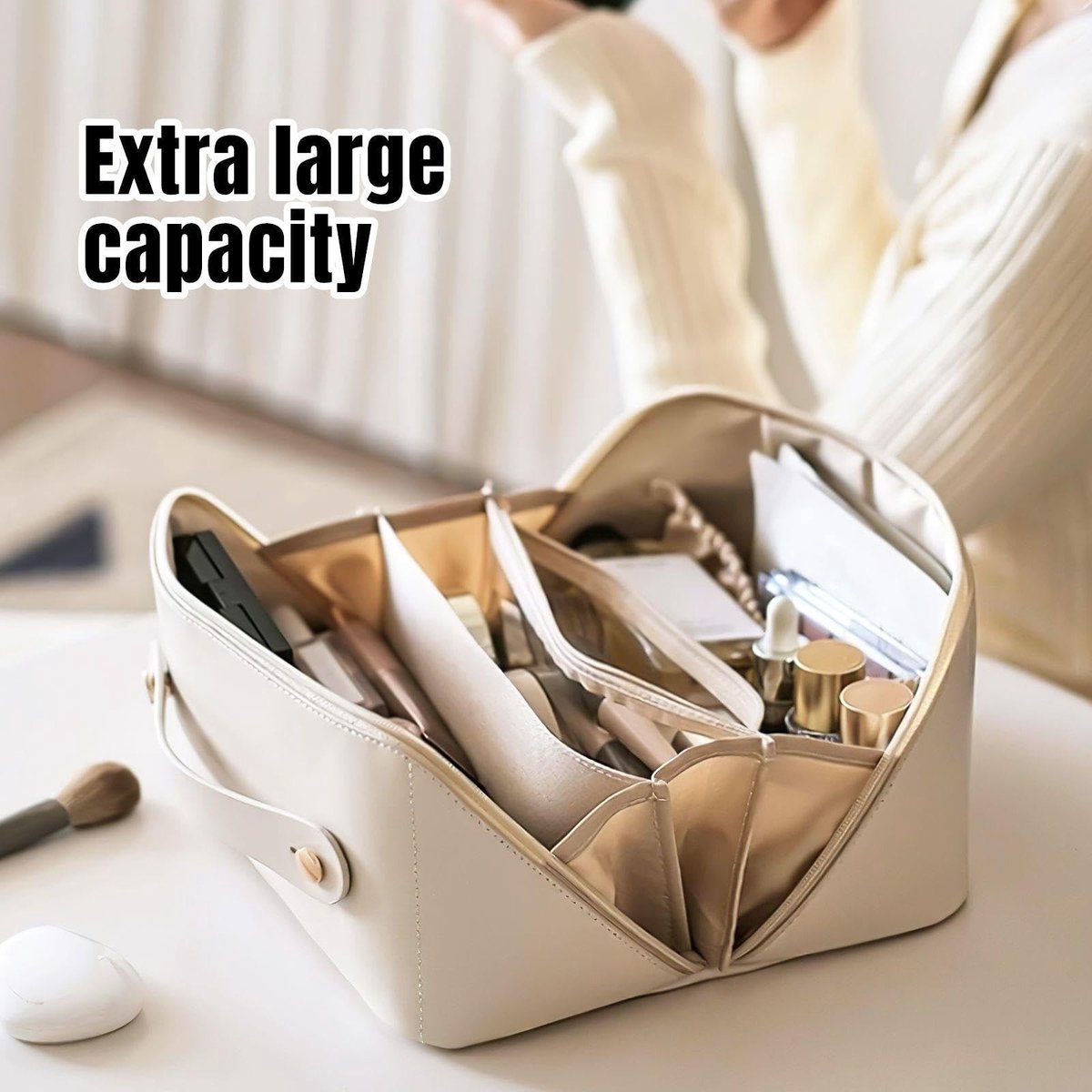 Dailygoods- Make-up Tas Grote Capaciteit - Make-up Tas Waterdicht - Make-up Tas 2 Stuks - PU Materiaal - Wit/Roze - Eenvoudig Ontwerp - Cosmetica Tas