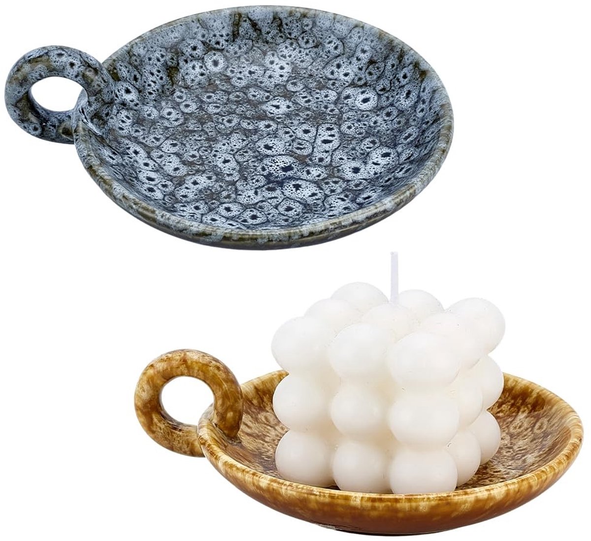 Dailygoods- Kaarsenbak 2 stuks - Vintage keramisch - Rustieke woondecoratie - Meditatie - Handvat - Perfect voor sfeer en cadeau - Kandelaar