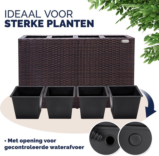 Bruine polyrattan plantenbak met 4 uitneembare zwarte binnenpotten. Afbeelding toont waterafvoerdetails.