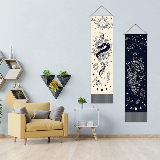 Dailygoods- Wandtapijt Set van 2 - Bohemien Slangenprint - Mystiek Wandkleed - Kwastje - 30 x 130 cm - Verticaal Design - Muurtapijt van Dailygoods — afbeelding 4