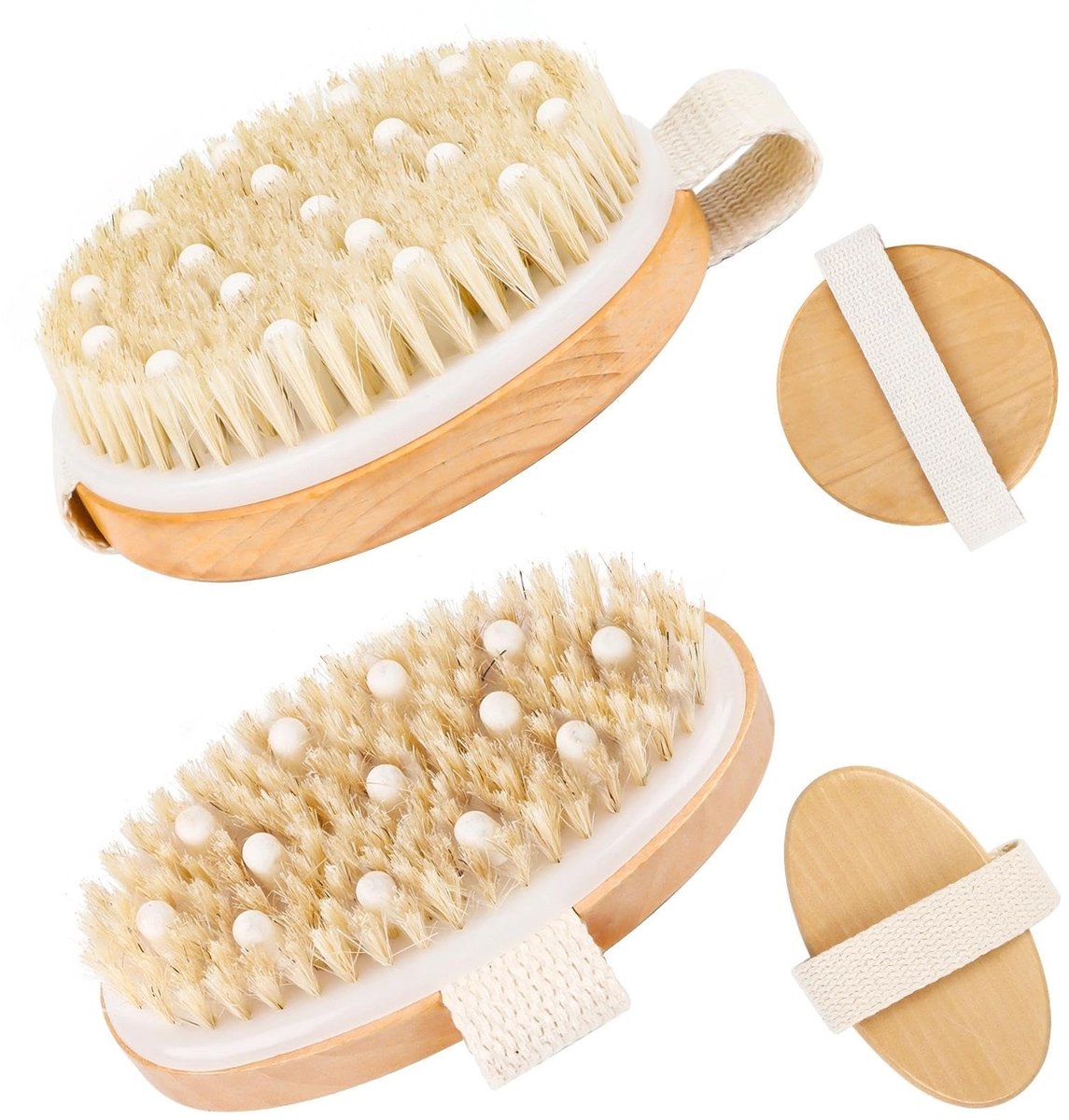 Dailygoods- Lichaamsborstel 2 Stuks - Houten Borstel - Droge Massageborstel - Natuurlijke Haren - Lymfedrainage - 11 cm Lengte