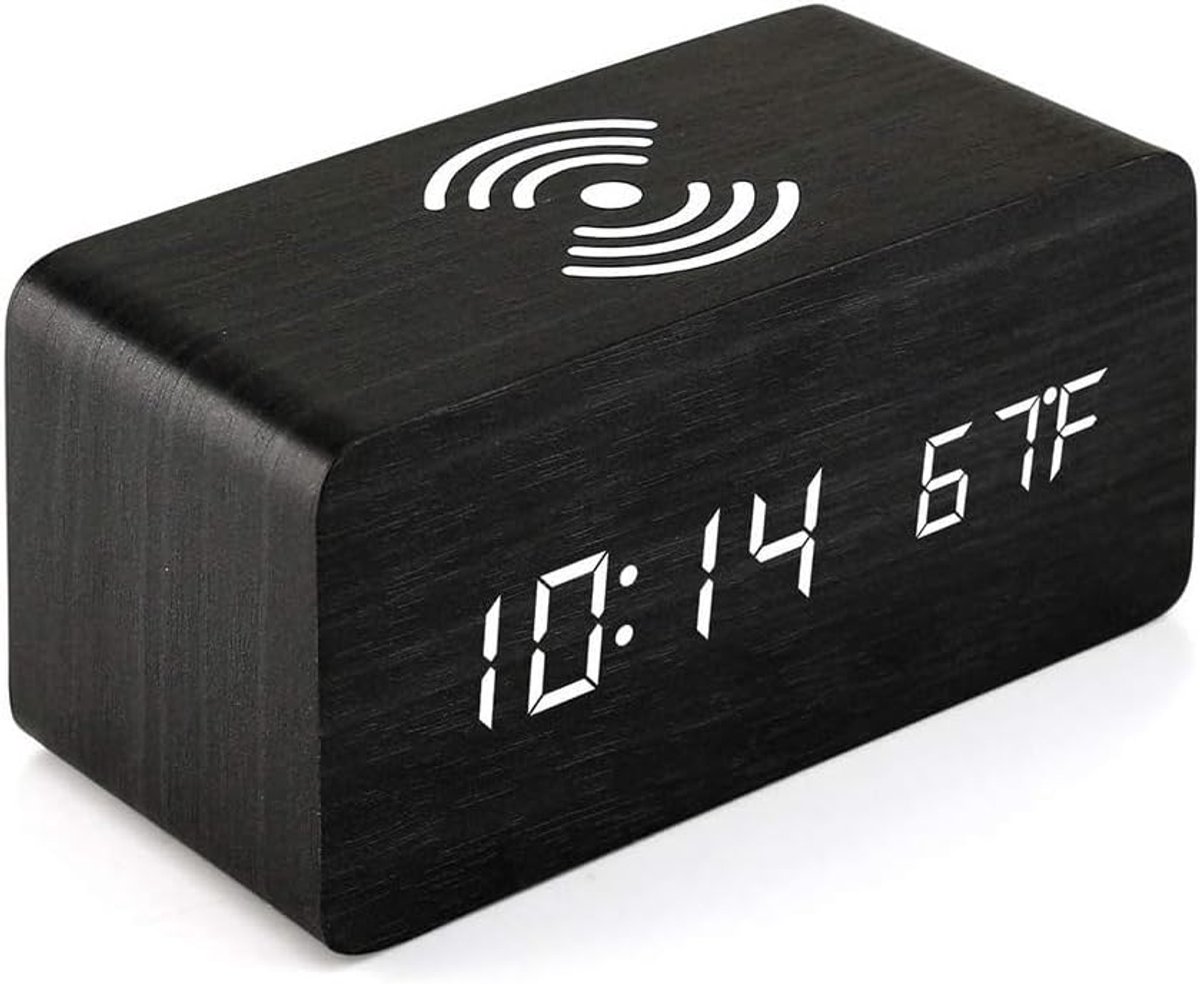 Houten digitale wekker met inductieve oplader, 5W snellader, geschikt voor iPhone/Samsung Galaxy, geschikt voor slaapkamer, huis en kantoor (zwart).