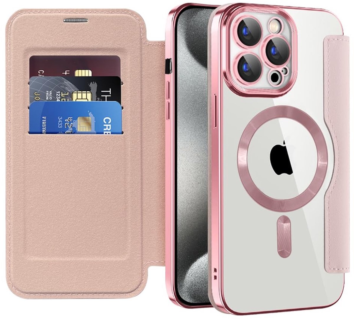 Dailygoods- Telefoonhoes iPhone 15 Pro Max - Klaphoes met Kaartenvak - Transparante Lederen Flip - RFID-Blokkering - Draadloos Opladen - Schokbestendig TPU-frame - Smartphonehoes