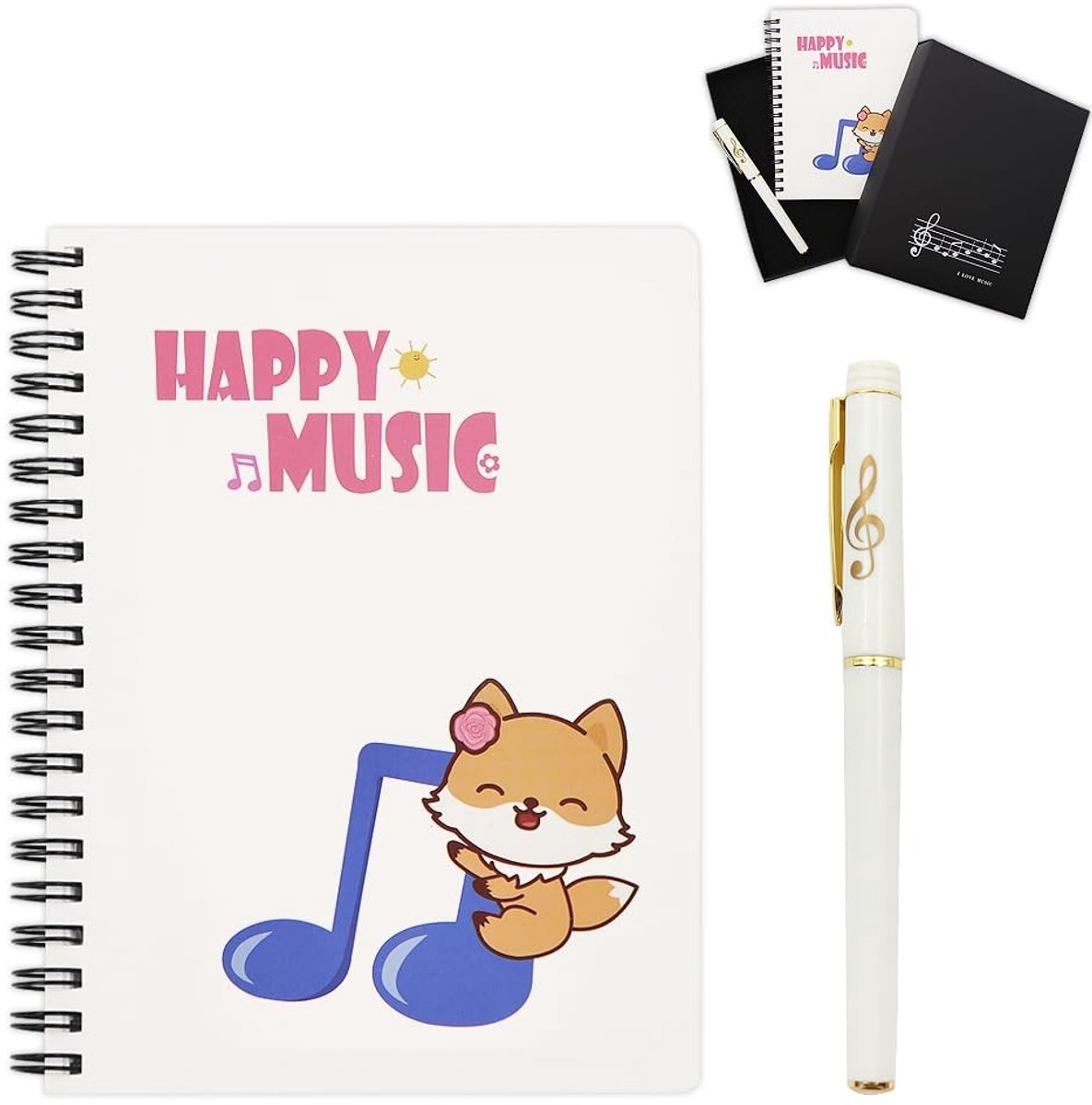 Dailygoods- Schrijfwaren Cadeauset - Spiraalvormig Notitieboek - Balpen - Muziekthema - Milieuvriendelijk Papier - Veelkleurig