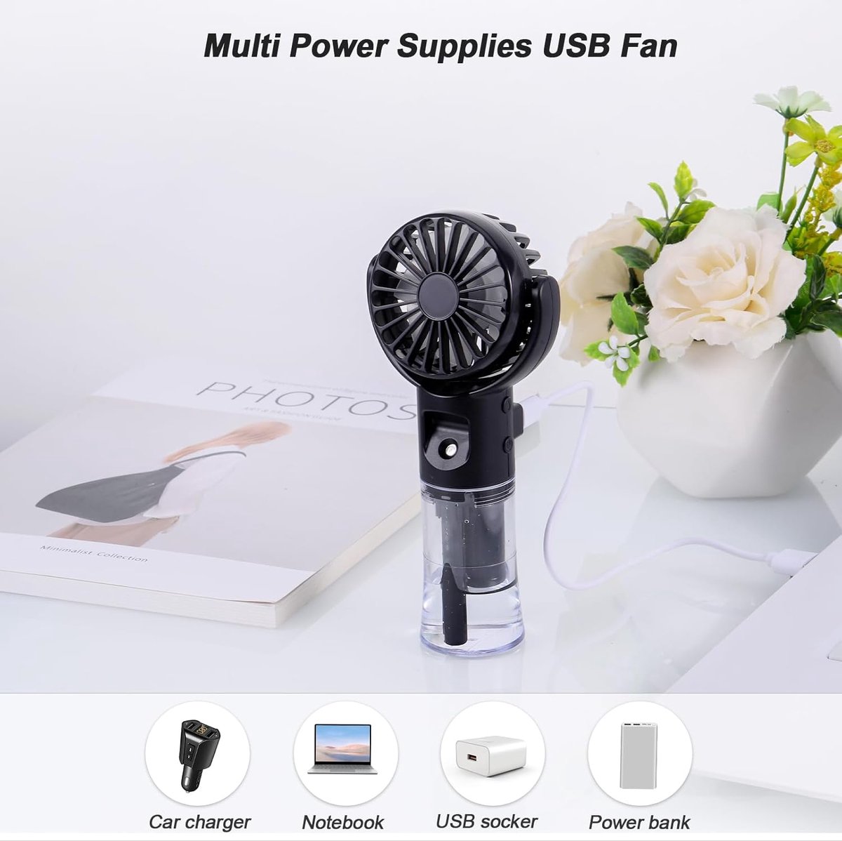 2-in-1 Handventilator met Waternevel - 4 snelheden - 4000mAh - Stille - Mini Fan Oplaadbaar - USB-C - Koel en hydrateer overal - Verkoelende Airflow - Draagbare Mini Ventilator - ideaal voor kantoor, reizen, wandelingen of het strand - zwart thumbnail 7