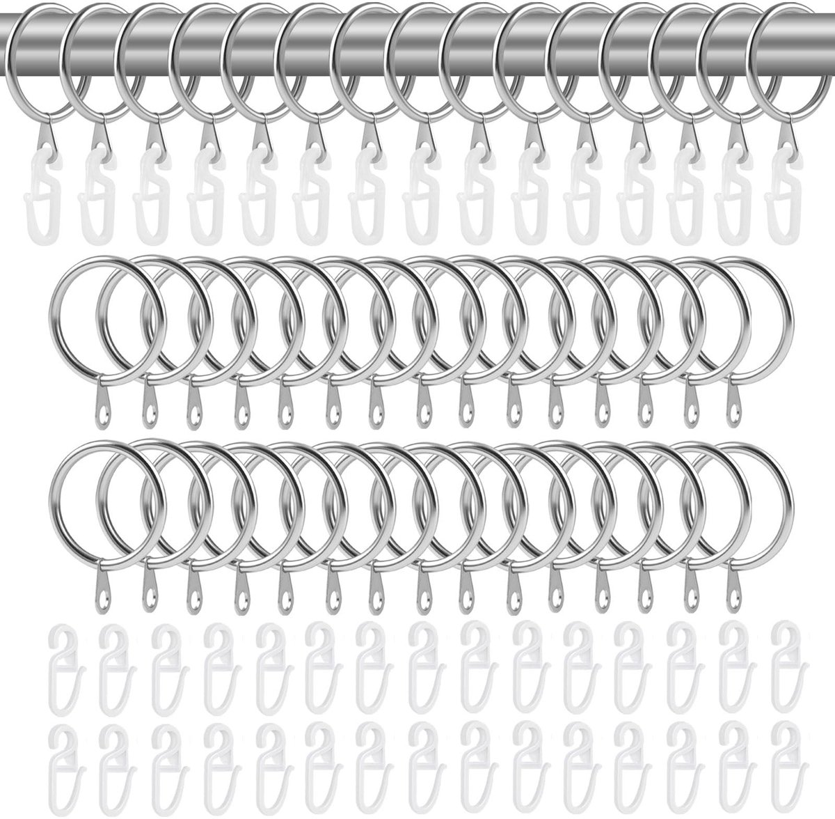 Dailygoods- Gordijnringen 45 stuks - Metalen Ringen - Transparante Haken - Binnendiameter 30 mm - Geschikt voor Ramen/Douchezaken - Dikte 3 mm - Gordijnhaak