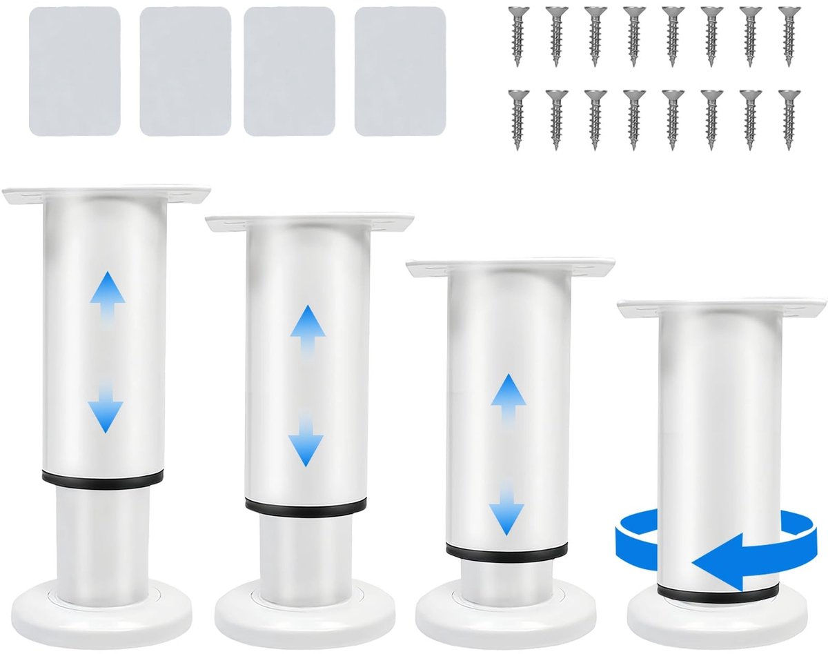 Dailygoods- Meubelpoten Verstelbaar 12-18 cm - Metalen Meubelpoten - Kastpoten - Antislip - Geluidsdempend - Inclusief 16 Schroeven/4 Lijm - Meubelvoeten