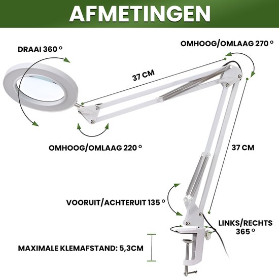 Afmetingen van de witte loeplamp met verstelbare arm. Maximale klemdikte 5,3cm.