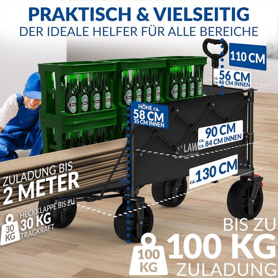 Opvouwbare bolderkar - Transportwagen inklapbaar - Boodschappen vervoeren - Met voetrem - 130 liter - Zwart van Opvouwbare Bolderkar — afbeelding 4
