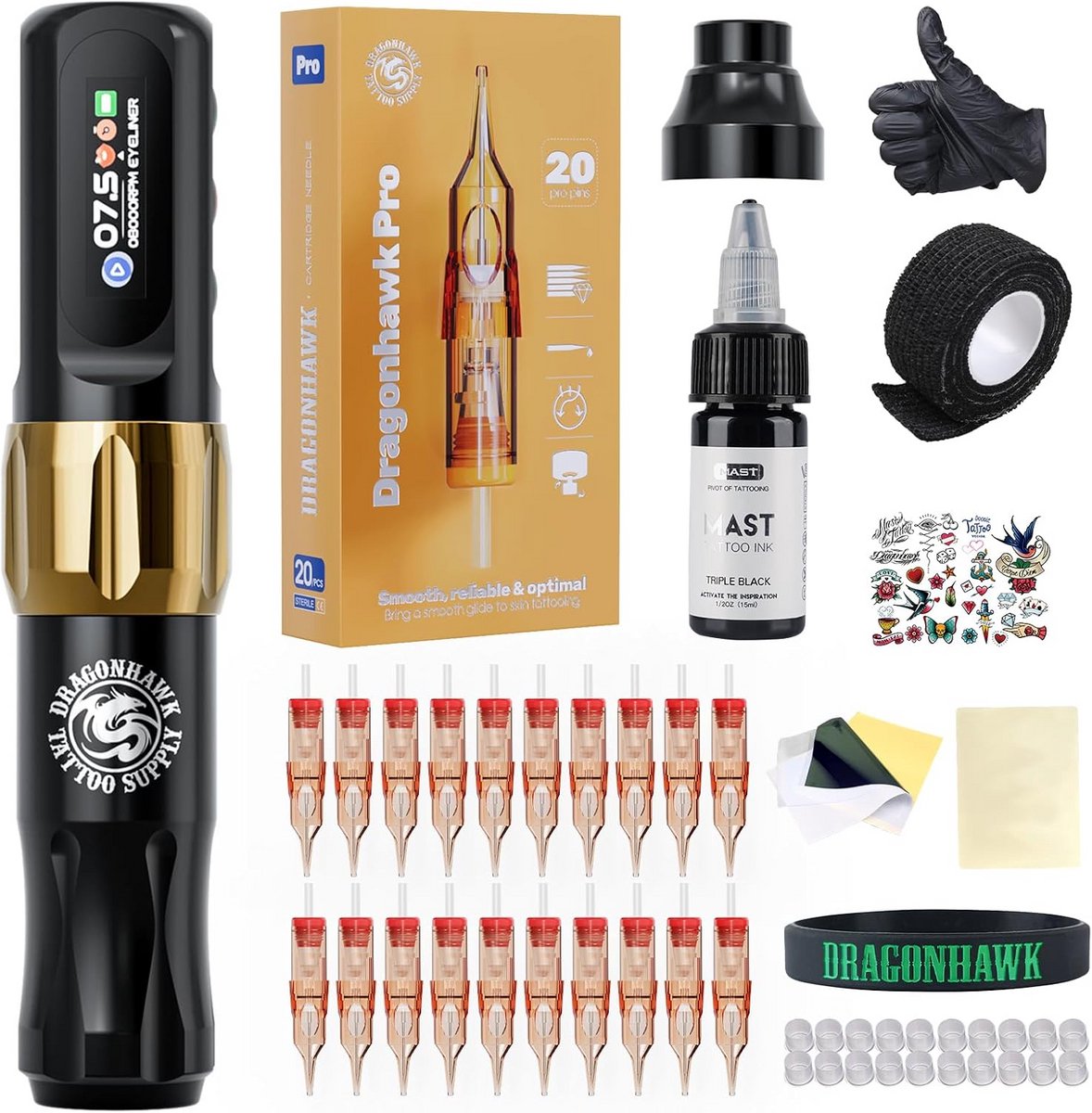 Draadloze Tattoo Pen - Roterende Gun - Professioneel Gebruik - Ultra Stil Ontwerp - 20 Delige Set - Zwart
