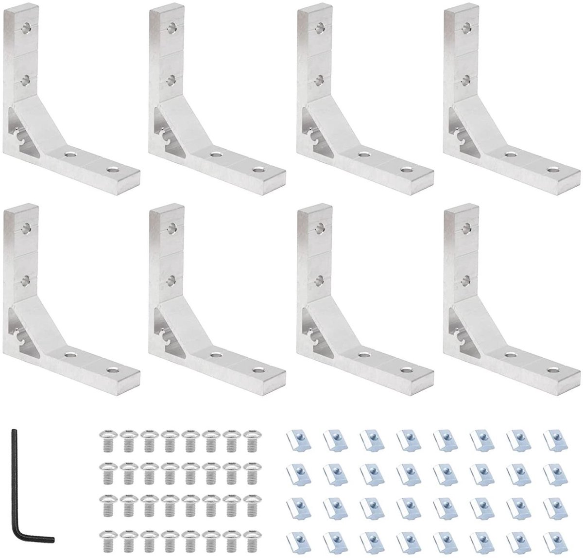 Dailygoods- Hoekbeugels Set 8 Stuks - Inclusief 32 M5 T-sleufmoeren - 32 M5 x 12 mm Zeskantschroeven - 1 M3 Inbussleutel - Aluminiumlegering 78 mm - Beugels