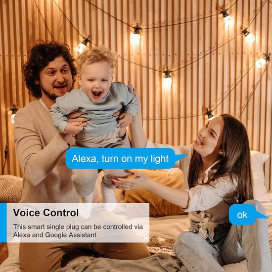 Een gezin met baby op bed, de vrouw spreekt tegen Alexa om het licht aan te doen.