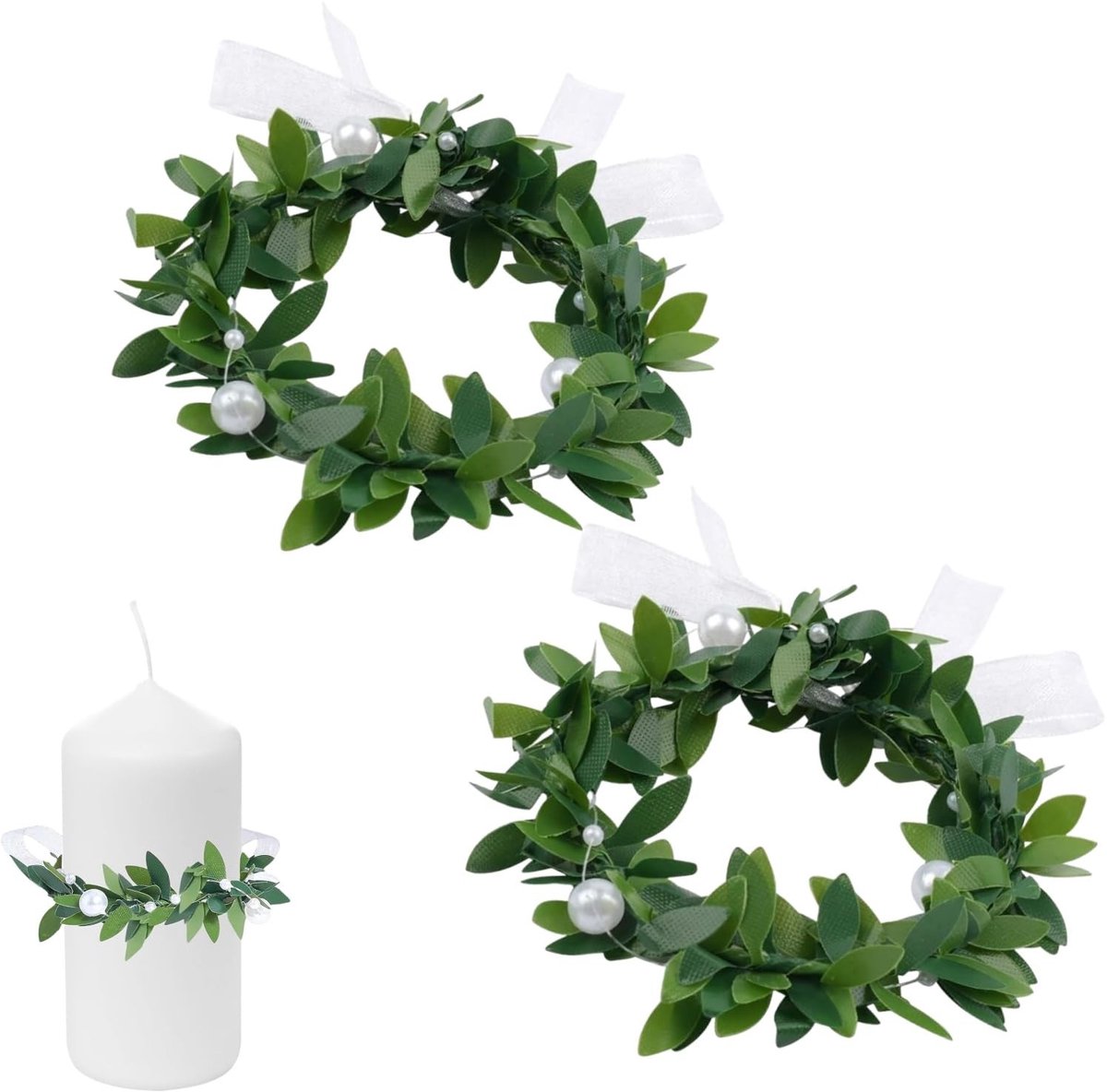 Dailygoods- Kaarskrans 2 Stuks - Decoratieve Ring voor Zuilkaarsen - Tafeldecoratie Bruiloft/Pasen - Onderhoudsvriendelijk - Binnendiameter 4-6 cm - Groen/Wit - Kaarsring