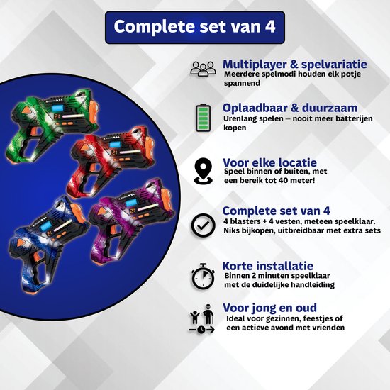 Complete set van 4 laserpistolen en vesten in blauw, groen, rood en paars. Multiplayer en oplaadbaar.