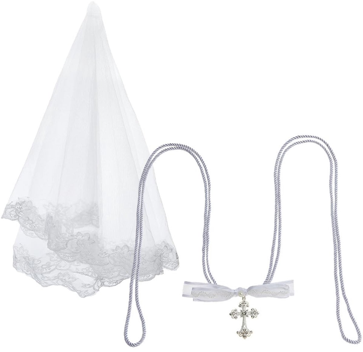 Dailygoods- Bruiloftsluier met Strass Kruis - Polyester Kant Sluier - Bruiloft Koord Set - Hanger Ornamenten - 2 Stuks - Uniek Ontwerp - Bruidssluier