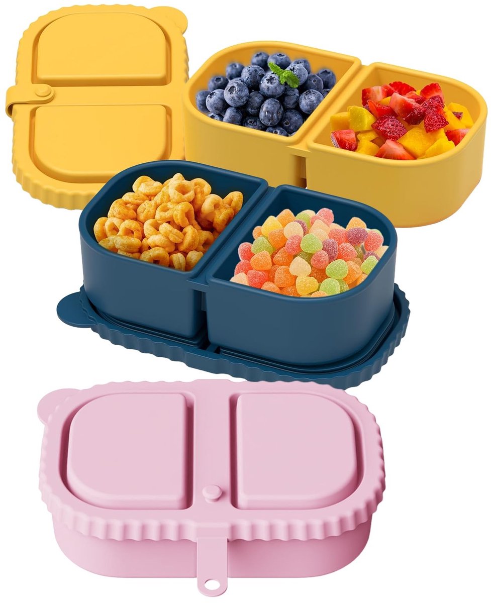 Dailygoods- Snackbox Set - Herbruikbare Siliconen Snackboxen - 3 Stuks - 2 Compartimenten - Ideaal voor Kinderen - Makkelijk te Reinigen - Voedselcontainer