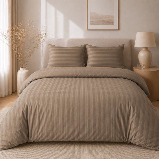 Hotellinnen Dekbedovertrek Taupe | 27mm Streep - 240 x 200/220 cm + 2 kussenslopen
