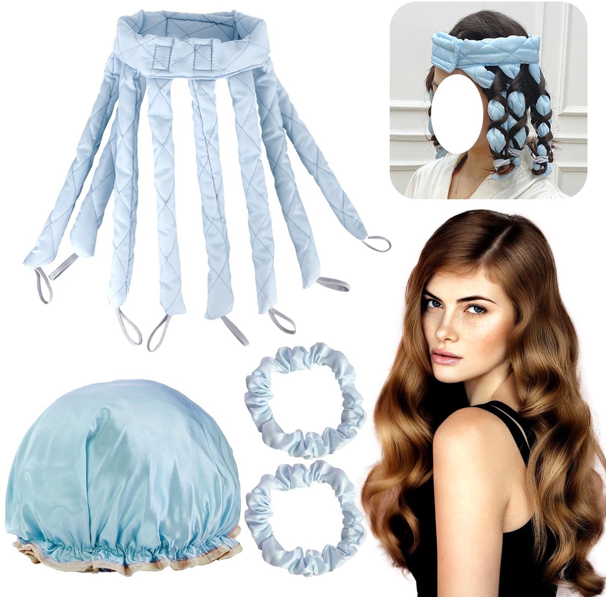 Dailygoods- Haarkrulspelden Hitteloos - Krulspelden voor Lang Haar - Doe-Het-Zelf Haarstylingtools - Slapen Gebruik - Inclusief Scrunchies en Haar Bonnet - Krulset