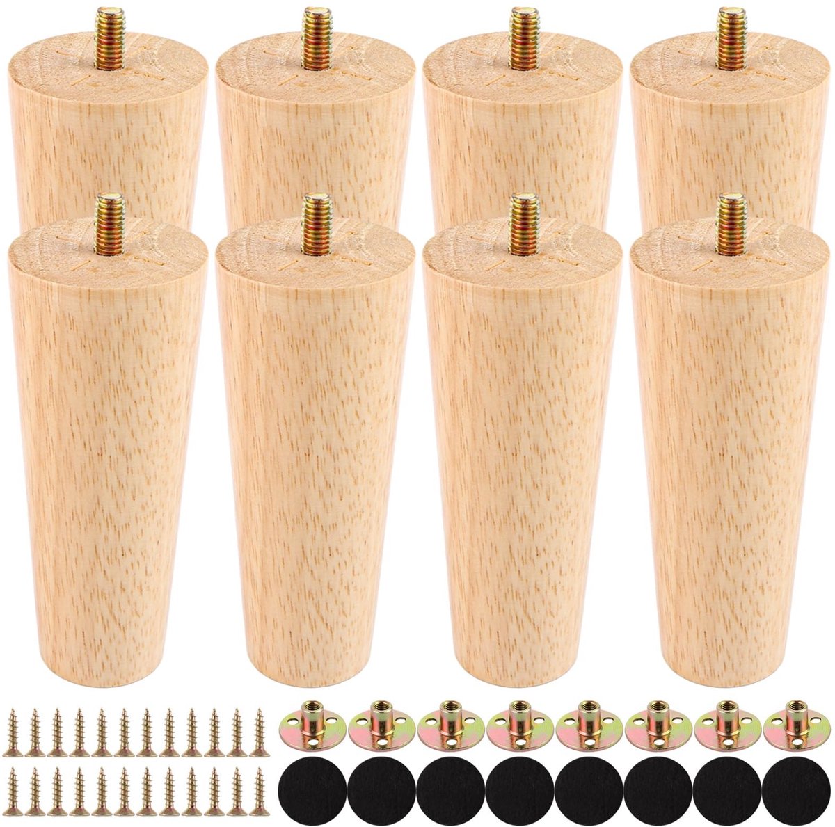 Dailygoods- Houten Meubelpoten 12 cm - Eiken Meubelpoten - Set van 8 - Massief Hout - Montageplaten - Schroeven/Rubberen Pads