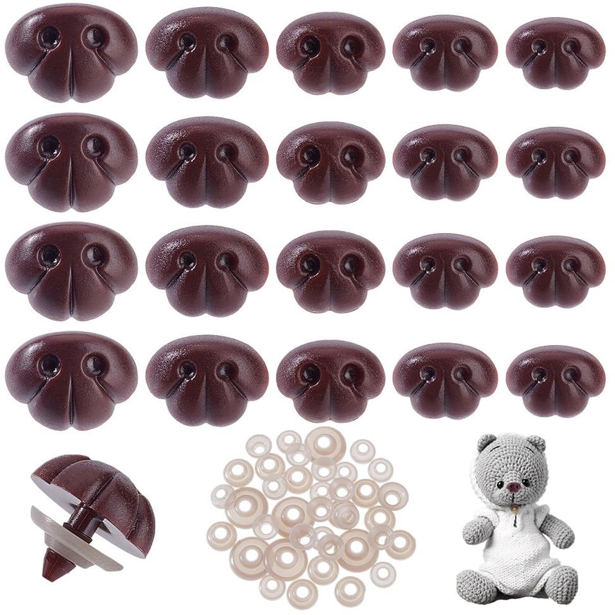Dailygoods- Veiligheidsneus 70 Stuks - Bruine Veiligheidsneusjes - 5 Stijlen - Afstandhouders - Maten 13mm/15mm/15.5mm/18.5mm/21.5mm - Geschikt voor Knuffels - Knutselneus