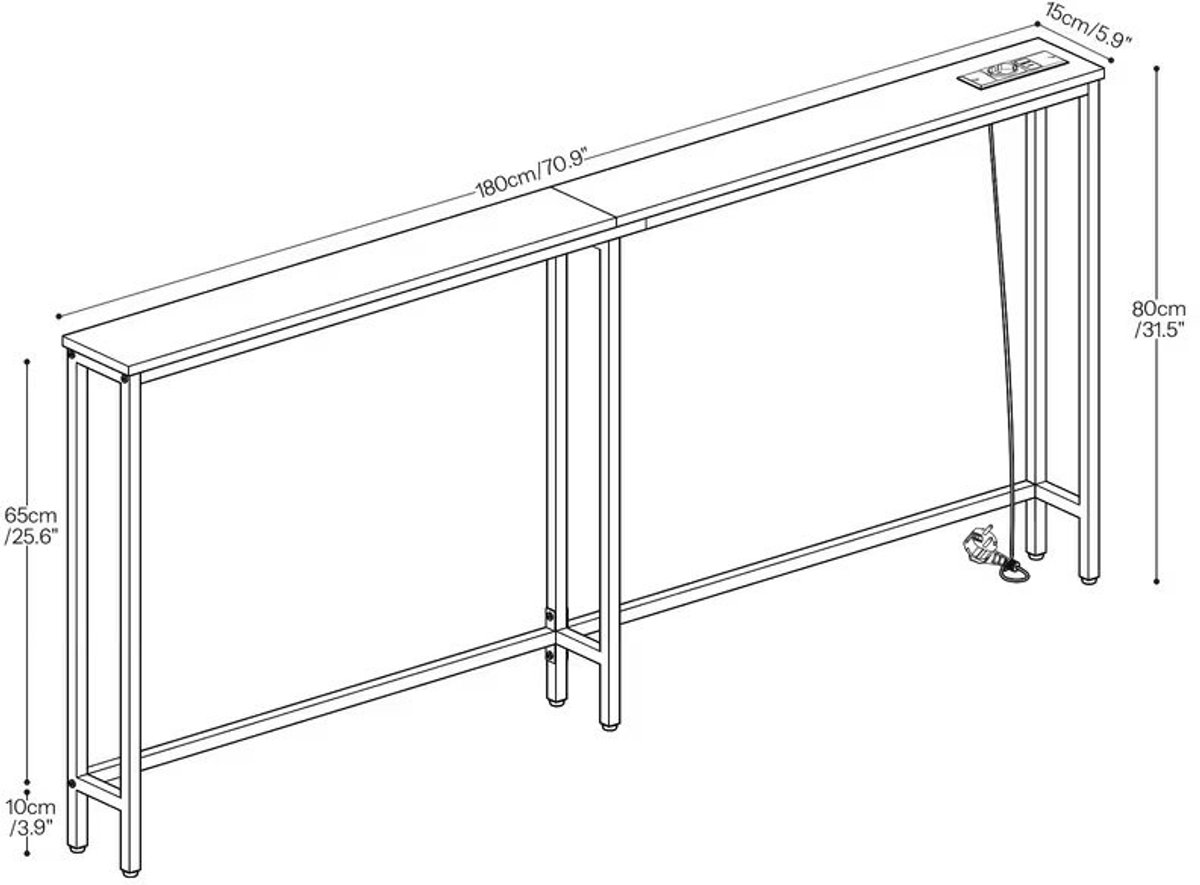 J.T.R Consoletafel-Haltafel- smalle -Entreetafel-Oplaadstation & USB-poorten-Stevig en stabiel-180 cm- Bruin en Zwart