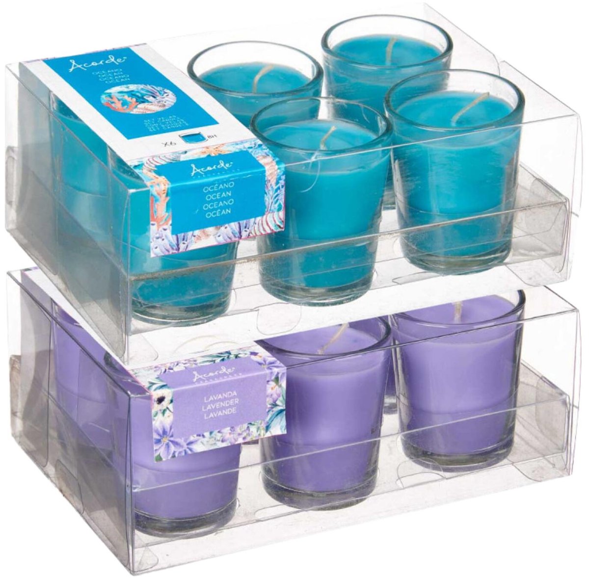 Arte regal geurkaarsen set - 6x lavendel - 6x zeebries - in glas - 8 branduren