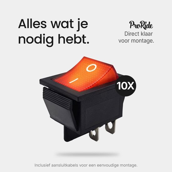 Zwarte tuimelschakelaar met rode verlichting, '10X' en 'ProRide' logo.