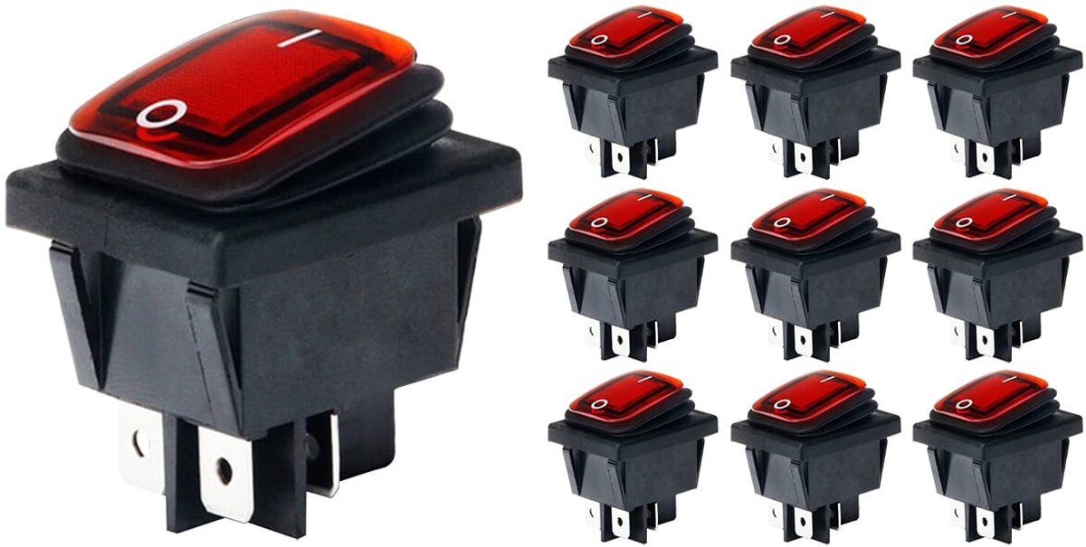 Orbit Electronic Wipschakelaar ON-OFF - 4-pins - 30x22mm - 16A 250V - Spat Waterdicht - KCD4-201-16 - Rood - 10 stuks