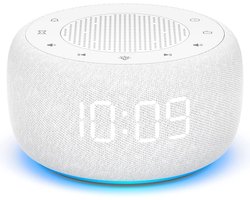 BUFFBEE Radiowekker slaapkamer, hoogwaardig geluid, 4 weggestelde geluiden, 7-kleurige nachtlamp, full-range weergave met dimmer (wit)