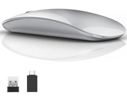 Uiosmuph U58 Wireless Mouse, Rechargeable & Noiseless Mouse Ultra Slim 2.4G PC Computer Laptop Mouse with USB Nano Receiver, 1600DPI Travel Mice for Windows Mac Linux Macbook- Silver