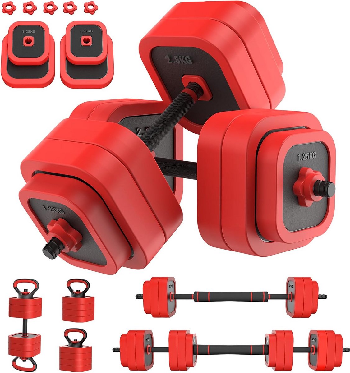 Verstelbare Dumbbell Set - 4-in-1 Gewichtenset - Thuis Krachttraining - Compact Systeem - 30 KG - Zwart