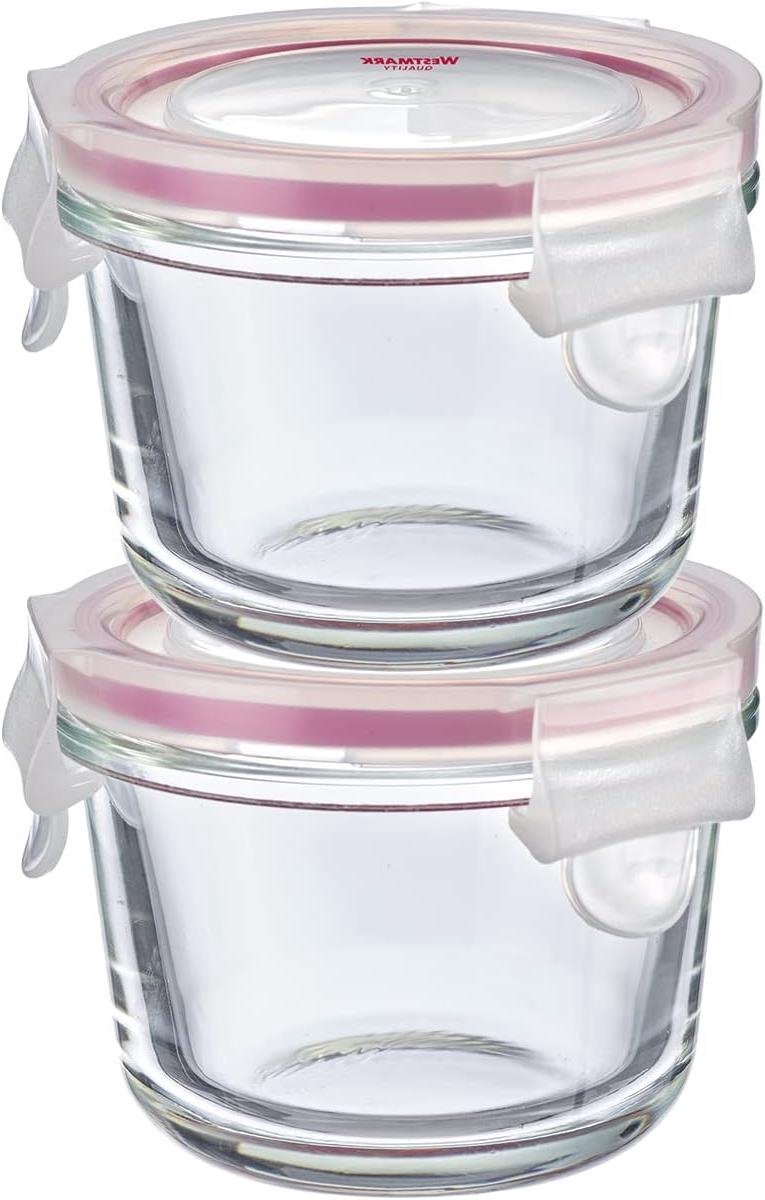 Westmark Set van 2 glazen vershouddozen met clipdeksel, rond, vulvolume: elk 150 ml, geschikt voor diepvries, magnetron- en ovenbestendig, glas/siliconen/kunststof, transparant/rood, 233122E3