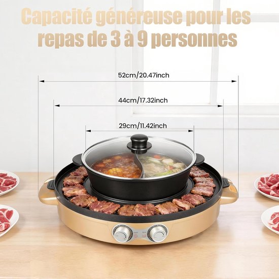 Elektrische Tafelgrill - Hot Pot - Gezellig Eten - Dubbele Temperatuurregeling - 44 cm Diameter - Wit — afbeelding 3