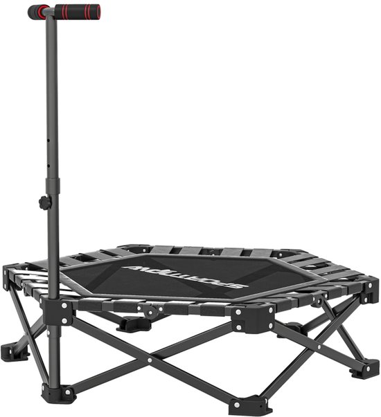 Zwarte, inklapbare fitness-trampoline met T-stang, studio-opname.