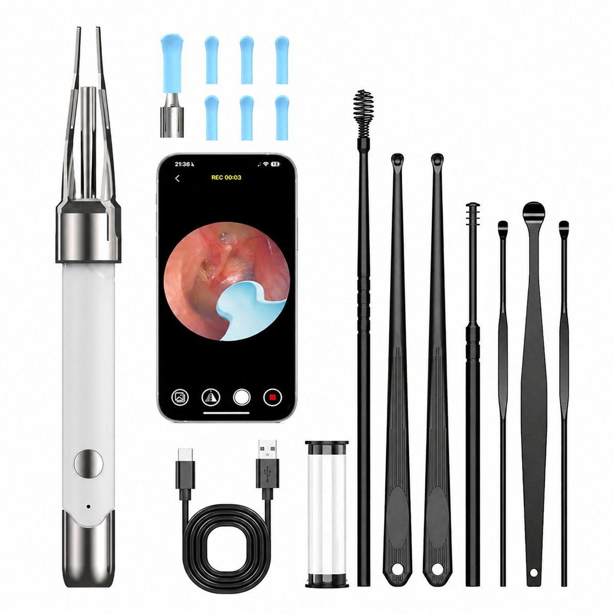 Sogiol® Oorsmeer Verwijderaar met Camera - Ear Cleaner - Oor Schoonmaken - Earscratcher - Oorlepel - Ultra HD Camera- Lange batterij - oor camera - oor cleaner - Inclusief reinigingsset - Oorspuit - Oorreiniger - Wit