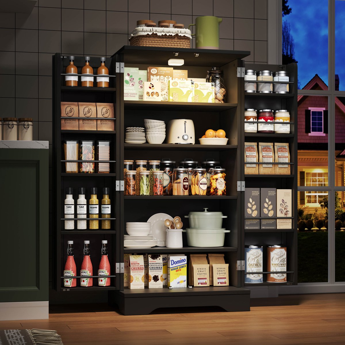 Keukenkast van 120x60x40 cm met LED-sensorverlichting, grote opbergkast met 2 deuren, verstelbare planken en deurvakken – geschikt voor keuken, eetkamer of woonkamer, Zwart